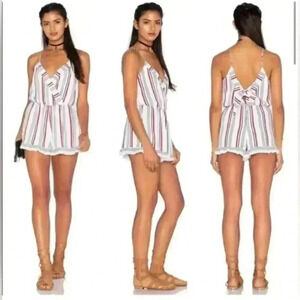 TULAROSA Striped V Neck Tie Back Romper White‎ Red Blue Size S